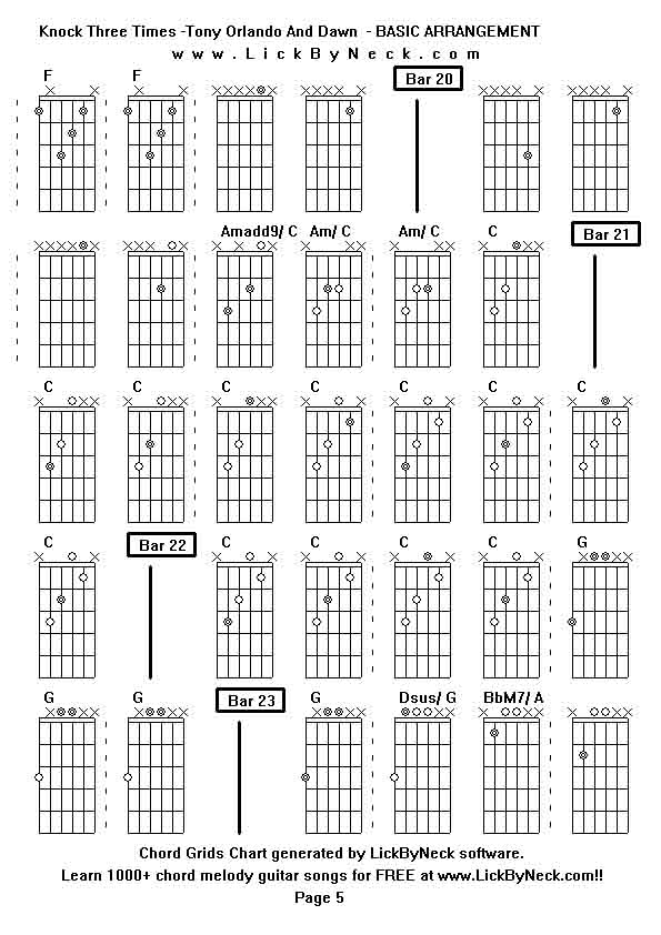 Chord Grids Chart of chord melody fingerstyle guitar song-Knock Three Times -Tony Orlando And Dawn  - BASIC ARRANGEMENT,generated by LickByNeck software.